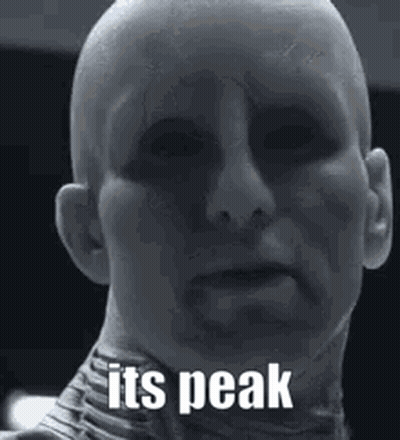 A Black And White Photo Of A Bald Man With The Words `` It 'S Peak '' On His Face . GIF