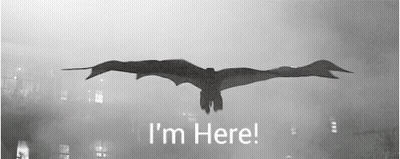 A Black And White Photo Of A Bat Flying With The Words I 'M Here Written Below It GIF