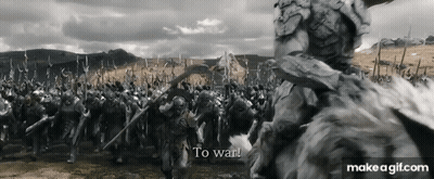 A Black And White Photo Of A Battle Scene With The Words `` To War '' Written In The Corner . GIF