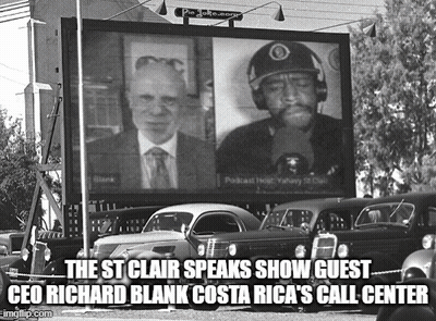 A Black And White Photo Of A Billboard With A Caption That Says " The St Clair Speaks Show Guest " GIF