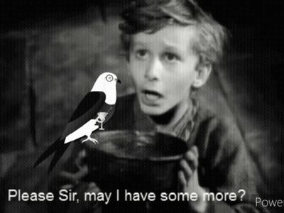 A Black And White Photo Of A Boy And A Bird With The Caption " Please Sir May I Have Some More Poe " GIF