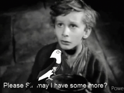 A Black And White Photo Of A Boy And A Bird With The Words " Please Sir May I Have Some More " Below Him GIF