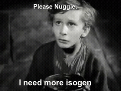 A Black And White Photo Of A Boy Holding A Bowl Of Food With The Caption Please Nuggie I Need More Isogen GIF