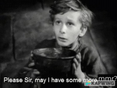 A Black And White Photo Of A Boy Holding A Bowl With The Caption " Please Sir May I Have Some More Mmr ? " GIF
