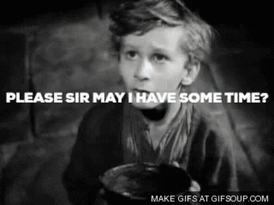 A Black And White Photo Of A Boy Holding A Bowl With The Words Please Sir May I Have Some Time Written Above Him GIF