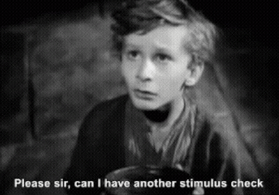 A Black And White Photo Of A Boy Saying Please Sir Can I Have Another Stimulus Check . GIF