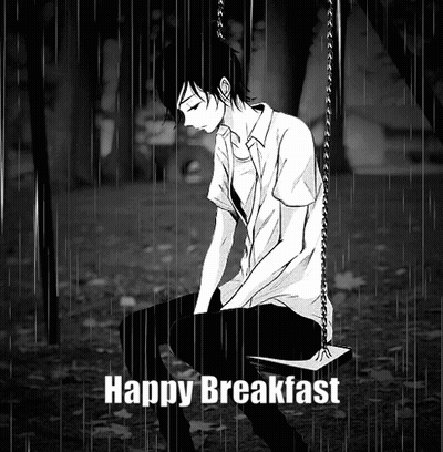 A Black And White Photo Of A Boy Sitting On A Swing In The Rain With The Words Happy Breakfast Below Him GIF