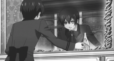 A Black And White Photo Of A Boy Standing In Front Of A Mirror . GIF