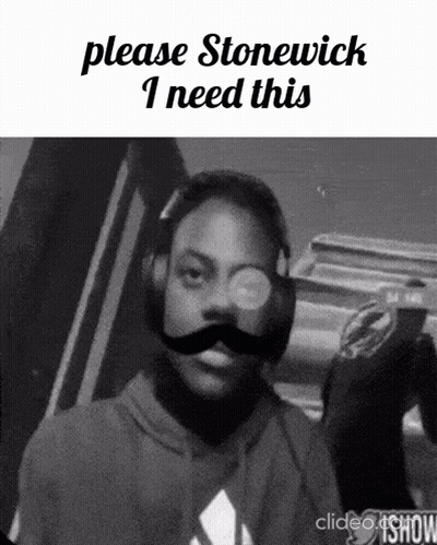 A Black And White Photo Of A Boy With A Mustache And The Words Please Stonewick I Need This At The Top GIF