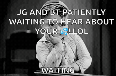 A Black And White Photo Of A Boy With The Caption Jg And Bt Patiently Waiting To Hear About Your ! Lol Waiting GIF