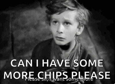 A Black And White Photo Of A Boy With The Words " Can I Have Some More Chips Please " GIF