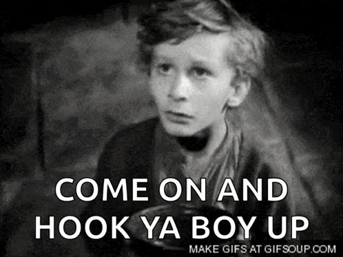 A Black And White Photo Of A Boy With The Words Come On And Hook Ya Boy Up Above Him GIF