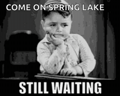 A Black And White Photo Of A Boy With The Words Come On Spring Lake Still Waiting Below Him GIF