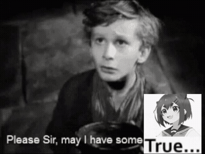 A Black And White Photo Of A Boy With The Words " Please Sir May I Have Some True " Next To Him GIF