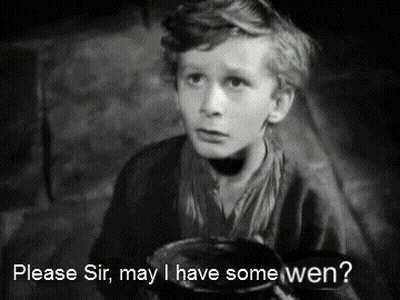 A Black And White Photo Of A Boy With The Words Please Sir May I Have Some Wen GIF