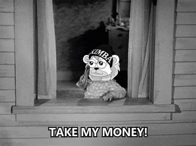 A Black And White Photo Of A Cartoon Character Asking To Take His Money GIF