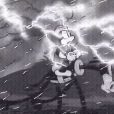 A Black And White Photo Of A Cartoon Character Being Struck By Lightning . GIF