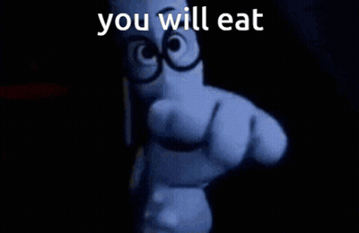 A Black And White Photo Of A Cartoon Character Pointing At The Camera With The Words `` You Will Eat '' . GIF