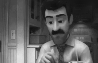 A Black And White Photo Of A Cartoon Man With A Mustache Eating A Meal . GIF