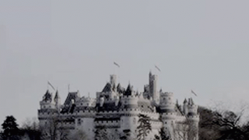 A Black And White Photo Of A Castle On A Hill With Birds Flying Around It . GIF