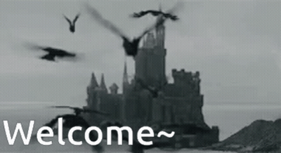 A Black And White Photo Of A Castle With Birds Flying In Front Of It And The Words Welcome Below It GIF