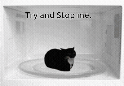 A Black And White Photo Of A Cat In A Microwave With The Words " Try And Stop Me " Above It GIF