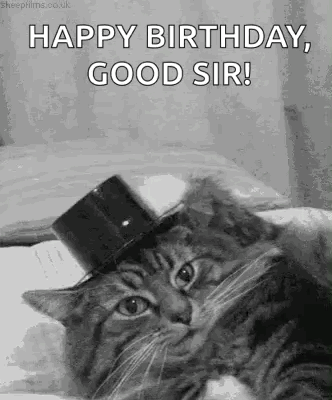 A Black And White Photo Of A Cat Wearing A Top Hat And Saying Happy Birthday , Good Sir . GIF