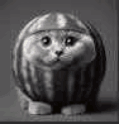 A Black And White Photo Of A Cat With A Watermelon Face . GIF