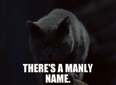 A Black And White Photo Of A Cat With The Words " There 'S A Manly Name " Written Below It GIF