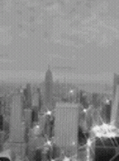 A Black And White Photo Of A City Skyline With Lots Of Buildings . GIF