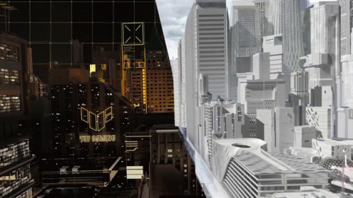 A Black And White Photo Of A City With A Sign That Says " The Gaming " GIF