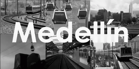 A Black And White Photo Of A City With The Word Medellin In White Letters GIF
