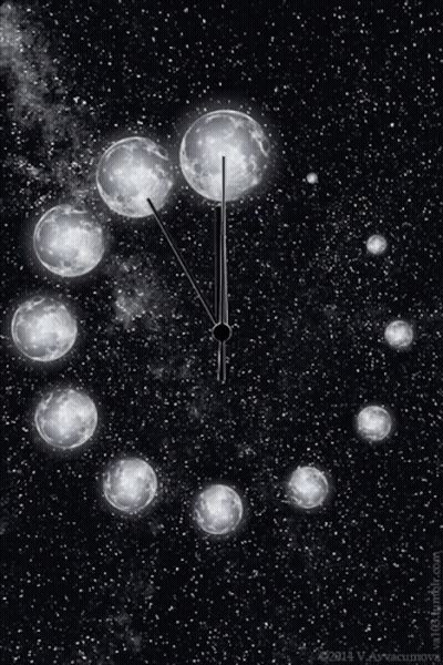A Black And White Photo Of A Clock With Moons In It GIF