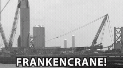 A Black And White Photo Of A Construction Site With The Words Frankencrane Written In White Letters . GIF