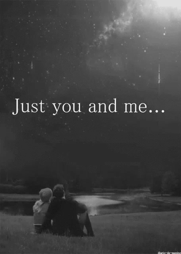 A Black And White Photo Of A Couple Sitting In The Grass With The Words Just You And Me GIF