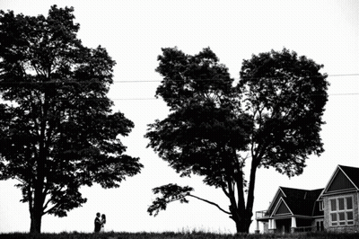 A Black And White Photo Of A Couple Standing Under Trees GIF