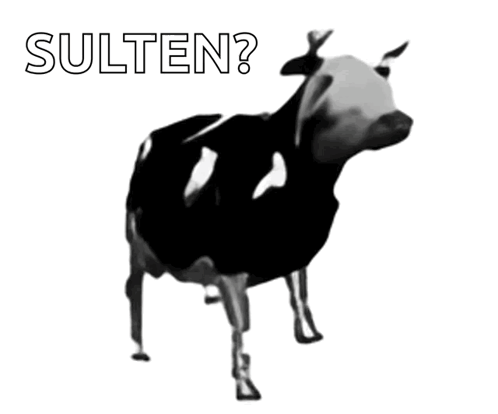 A Black And White Photo Of A Cow With The Words Sulten Written Below It GIF