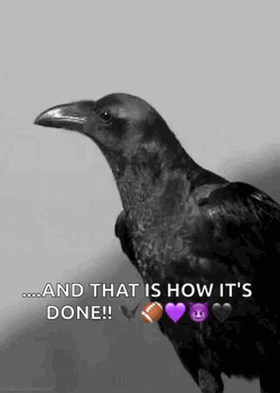 A Black And White Photo Of A Crow With Emojis Around Its Neck And The Words `` And That Is How It 'S Done ! '' GIF