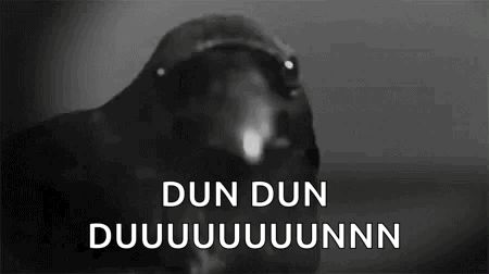 A Black And White Photo Of A Crow With The Words `` Dun Dun Duuuuuuuunn '' Written In White Letters . GIF