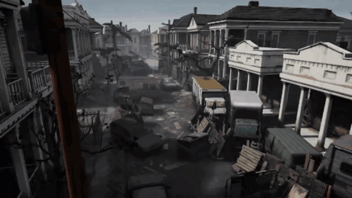 A Black And White Photo Of A Destroyed City With A Truck That Says ' A ' On It GIF