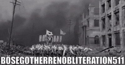 A Black And White Photo Of A Destroyed City With The Words Bosegotherrenobliteration511 GIF