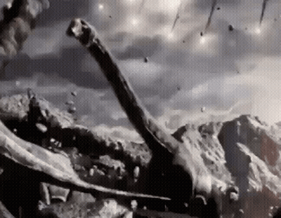 A Black And White Photo Of A Dinosaur Standing On Top Of A Rocky Hill . GIF