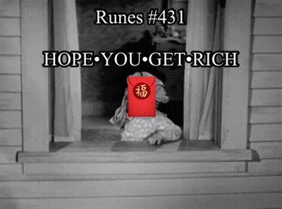 A Black And White Photo Of A Dog Looking Out A Window With The Words Runes # 431 Hope You Get Rich Above It GIF