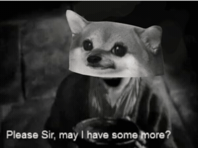 A Black And White Photo Of A Dog With A Paper Bag On Its Head And The Words Please Sir May I Have Some More GIF