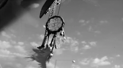 A Black And White Photo Of A Dream Catcher Hanging From A Tree With A Cloudy Sky In The Background . GIF