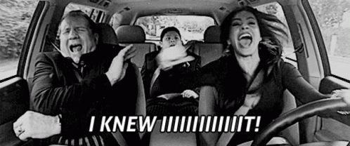 A Black And White Photo Of A Family In A Car With The Words `` I Knew ! '' GIF