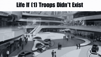 A Black And White Photo Of A Futuristic City With The Words Life If ( 1 ) Troops Did N't Exist GIF