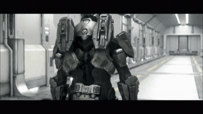 A Black And White Photo Of A Futuristic Soldier With The Letter A On The Back Of His Helmet GIF