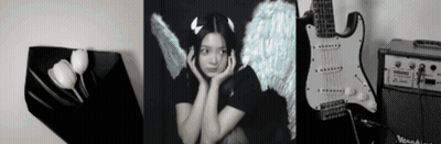 A Black And White Photo Of A Girl With Angel Wings , A Guitar And An Amplifier . GIF