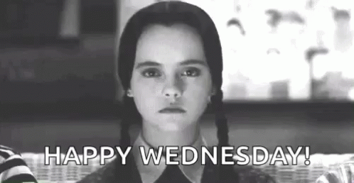A Black And White Photo Of A Girl With Pigtails Saying Happy Wednesday . GIF